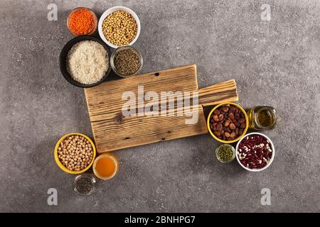 Cannabis Quinoa Hülsenfrüchte Quellen von Protein, Draufsicht Stockfoto