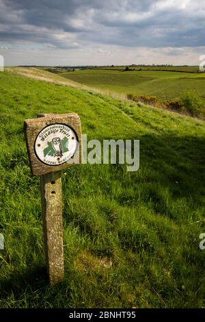 Gloucestershire Wildlife Trust (GWT) Nature Reserve Schild auf dem pasqueflower Reserve, ein trockenes Tal, Gloucestershire, Großbritannien. April 2015. Stockfoto