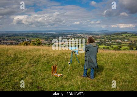 Landschaftsmaler Ian Shearman gemälde landschaft auf Selsley Gemeinsame, Stroud, Gloucestershire, UK. September 2015. Stockfoto