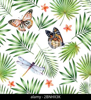 Aquarell tropisch nahtlose Muster. Bunte Schmetterlinge, Libellen und Palmenblätter auf Weiß isoliert. Botanical Hand gezeichnet floralen Hintergrund für Stockfoto