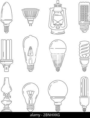 Symbole des Lichts. Verschiedene Glühlampen. Einfarbig illustriert Stock Vektor