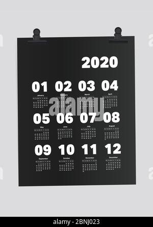 Kalender 2020 Planer auf schwarzem Papier A4-Vorlage Stock Vektor
