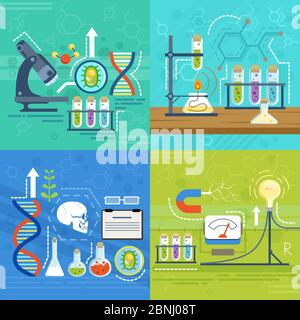 Konzeptuelle Illustrationen der Wissenschaft mit verschiedenen Chemiker-Symbolen. Vektor-Banner im Cartoon-Stil Stock Vektor