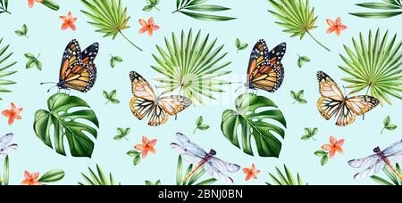 Aquarell floral nahtloses Muster. Monarchfalter, Libellen und Palmenblätter auf hellblauem Hintergrund. Tropisch-botanisch, handgezeichnet Stockfoto