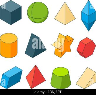 3d-Modell von Geometrieformen. Farbige Bilder Sätze. Pyramiden, Sterne, Würfel und andere Stock Vektor