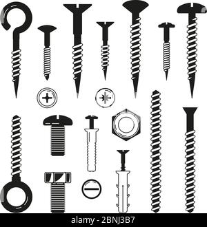 Monochrome Abbildungen von Eisenschrauben, Muttern, Schrauben und anderen Hardware-Werkzeugen Stock Vektor