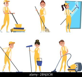 Lustige Charaktere der Reinigung oder Techniker Service Stock Vektor