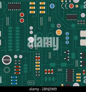 Nahtlose Muster der elektronischen Schaltung mit Dioden, Chips und Transistoren Stock Vektor