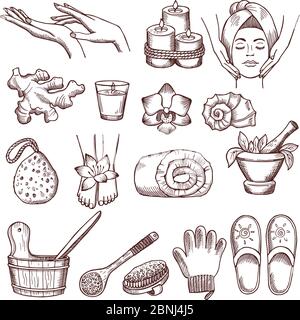 Doodle Bilder Set für Entspannung oder Massage Spa Salon. Illustrationen zur Aromatherapie Stock Vektor