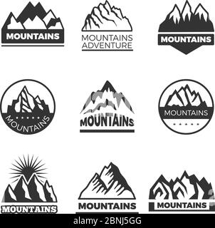 Etiketten mit verschiedenen Illustrationen von Bergen. Vorlagen für Logos Design Stock Vektor