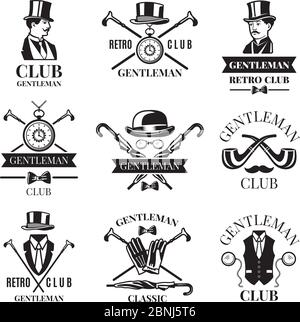 Retro Abzeichen oder Etiketten Set für Gentleman Club. Logos Design Vorlage mit Platz für Ihren Text Stock Vektor