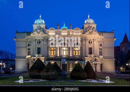 Juliusz Slowacki Theater Opernhaus bei Nacht, UNESCO-Weltkulturerbe, Krakau, Polen, Europa Stockfoto