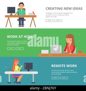 Horizontale Banner mit Illustrationen von Freiberuflern an seinem Arbeitsplatz. Programmierer und Designer Stock Vektor