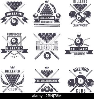 Monochrome Etiketten oder Logos für Billardclub. Vektor-Illustrationen von Snooker-Kugeln Stock Vektor