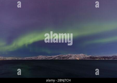 Nordlichter (Aurora Borealis) über den Bergen von Altafjord im Winter, Alta, Troms Og Finnmark, Polarkreis, Nordnorwegen, Skandinavien, Europa Stockfoto