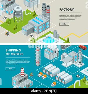 Horizontale Banner mit Industriegebäuden. Isometrische Fabrik Stock Vektor