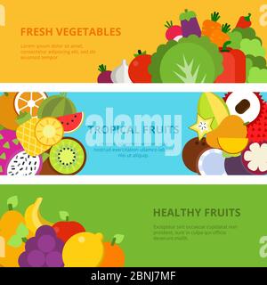Horizontale Banner mit flachen Illustrationen von gesundem Obst und Gemüse Stock Vektor