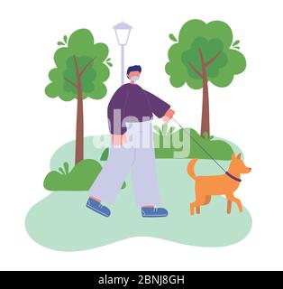 Junger Mann mit medizinischer Maske, der ihren Hund in der Park-Vektor-Illustration geht Stock Vektor