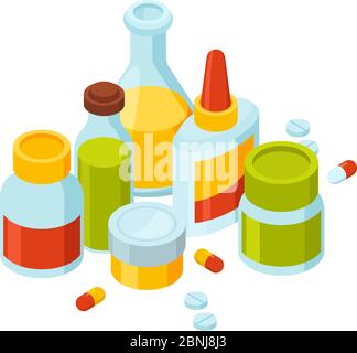 Verschiedene Flaschen mit Pillen und Drogen. Vektor-Illustration der Medizin Thema Stock Vektor
