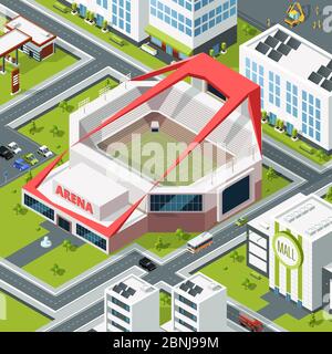 Isometrische Stadtlandschaft mit modernem Stadiongebäude Stock Vektor