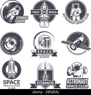 Embleme, Etiketten oder Logos des Weltraums Thema mit Illustrationen von Raum und Astronauten Stock Vektor