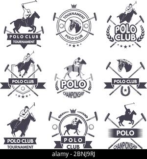 Sport-Labels für Polospiele. Monochrome Silhouette von Jockey und Pferd Stock Vektor