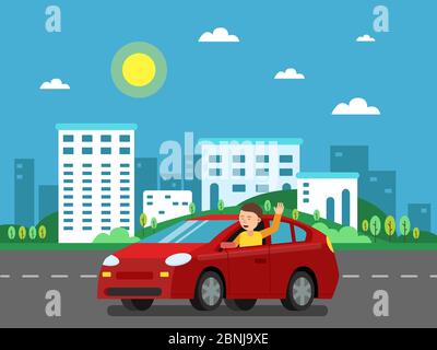 Rotes Auto auf der Straße in der städtischen Landschaft. Vektorgrafik im flachen Stil Stock Vektor