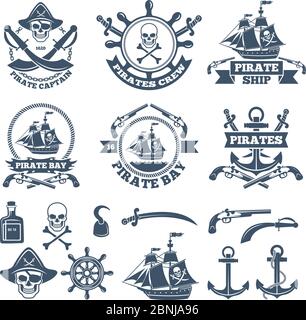 Vintage nautische und Piraten Etiketten. Monochrome Logos von Meer und Segeln Stock Vektor