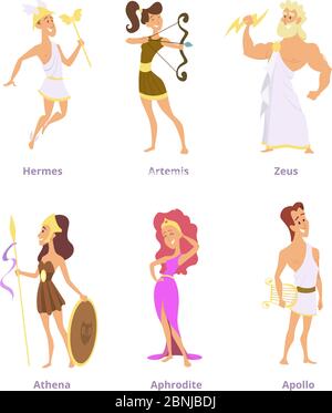 Griechische Götter der Antike. Set von Comic-Figuren männlich und weiblich Stock Vektor
