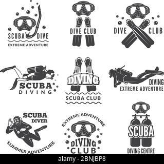 Etiketten oder Logos für Tauchclub. Vektorbilder Set von Tauchern und verschiedene spezifische Ausrüstung Stock Vektor