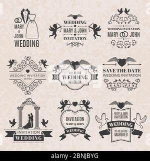 Hochzeitsmarken im viktorianischen Stil. Monochrome Bilder für Abzeichen oder Logos Stock Vektor