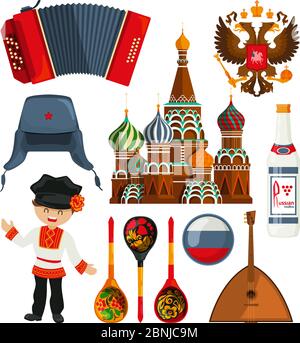 Russische Wahrzeichen und verschiedene traditionelle Symbole Stock Vektor