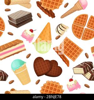 Nahtloses Muster aus Vaffeldesserts und Süßigkeiten Stock Vektor