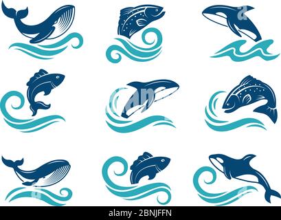 Stilisierte Bilder von Meerestieren. Haie, Fische und andere. Symbole für Logo-Design Stock Vektor