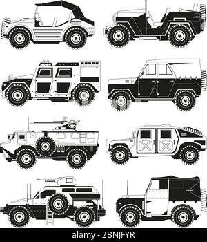 Monochrome Bilder von Militärfahrzeugen. Illustrationen der Armee Stock Vektor
