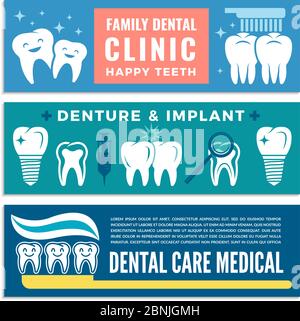 Horizontale Banner für Zahnklinik mit Illustrationen von Zähnen Stock Vektor