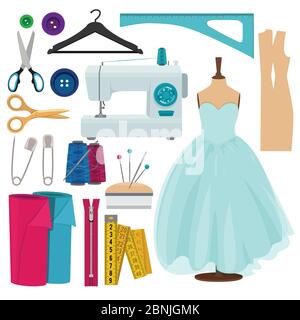 Vektorbilder von Nähwerkzeugen isolieren auf weißem Hintergrund Stock Vektor