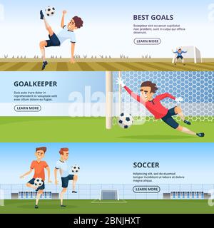 Sportveranstaltungen. Fußballfiguren, die Fußball spielen. Design-Vorlage für horizontale Banner Stock Vektor