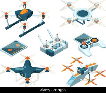 Isometrische 3d-Bilder von Drohnenkoptern, Quadrocoptern oder unbemannten Flugzeugen Stock Vektor