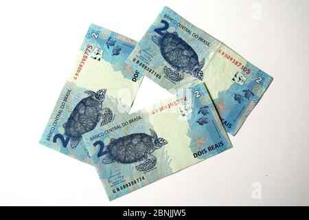 Two reals, Brazilian real, real brasileiro, BRL, R-Dollar, Brasilianischer Real, Note, Brazil, República Federativa do Brasil, South America Stockfoto