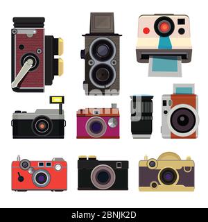 Retro Fotokameras. Illustrationen im Cartoon-Stil isolieren Stock Vektor