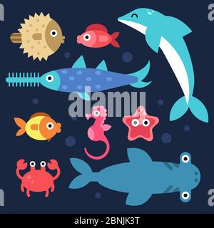 Fische und andere Unterwasser-Tiere. Stilisierte flache Illustrationen Stock Vektor