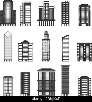 Monochrome Illustrationen von städtischen Gebäuden. Geschäftsbüros in Wolkenkratzern Stock Vektor