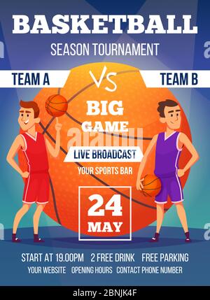 Poster Einladung zur Basketball-Meisterschaft. Design Vorlage mit Platz für Ihren Text und Sport-Charaktere Stock Vektor