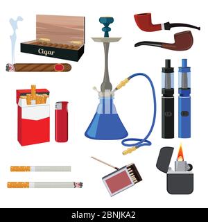 Shisha, Tabak, Zigarette und andere verschiedene Werkzeuge für Raucher Stock Vektor