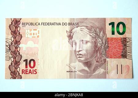 Zehn Real, brasilianischer Real, Real brasileiro, BRL, R-Dollar, Brasilianischer Real, Note, Brasilien, República Federativa do Brasil, Südamerika Stockfoto