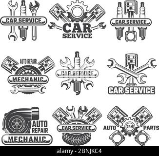 Design Vorlage von Etiketten und Abzeichen mit Automobil-Werkzeuge und Details Stock Vektor