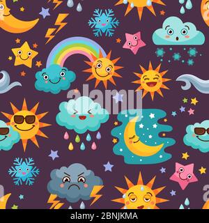Verschiedene lustige Wetter-Icons gesetzt. Cartoon nahtlose Muster Stock Vektor