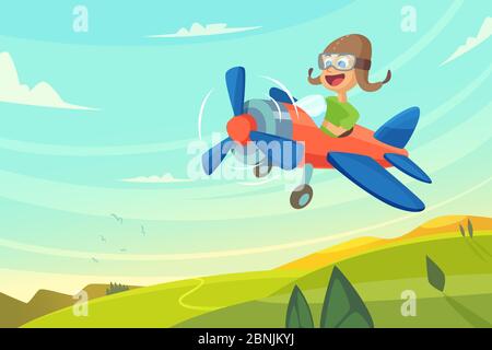 Junge im Flugzeug fliegen. Lustige Cartoon Illustration Stock Vektor