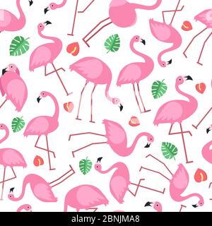 Nahtlose Muster mit Bildern von rosa Flamingo und tropischen Blumen Stock Vektor